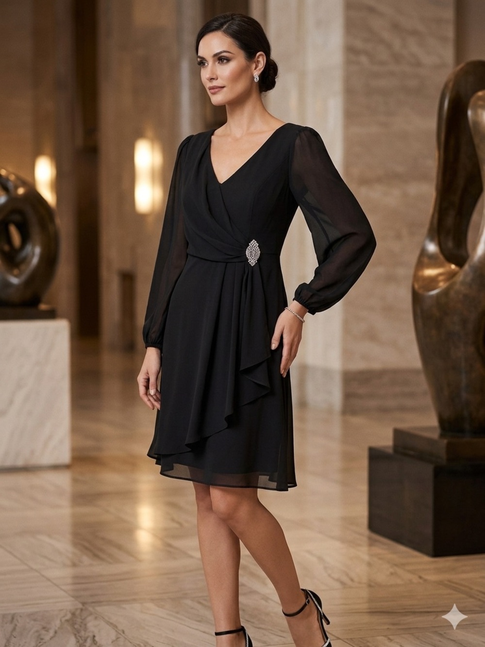 MARINA Black V-Neck Long Sleeve Midi Dress with Waist Brooch